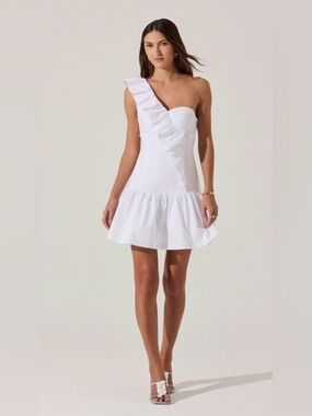 65. Astr the label One-Shoulder White Ruffle Mini Dress